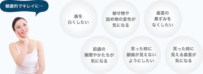 健康的でキレイに…「歯を白くしたい」「被せ物や詰め物の変色が気になる」「歯茎の黒ずみをなくしたい」「前歯の隙間やかたちが気になる」「笑った時に銀歯が見えないようにしたい」「笑った時に見える歯茎が気になる」